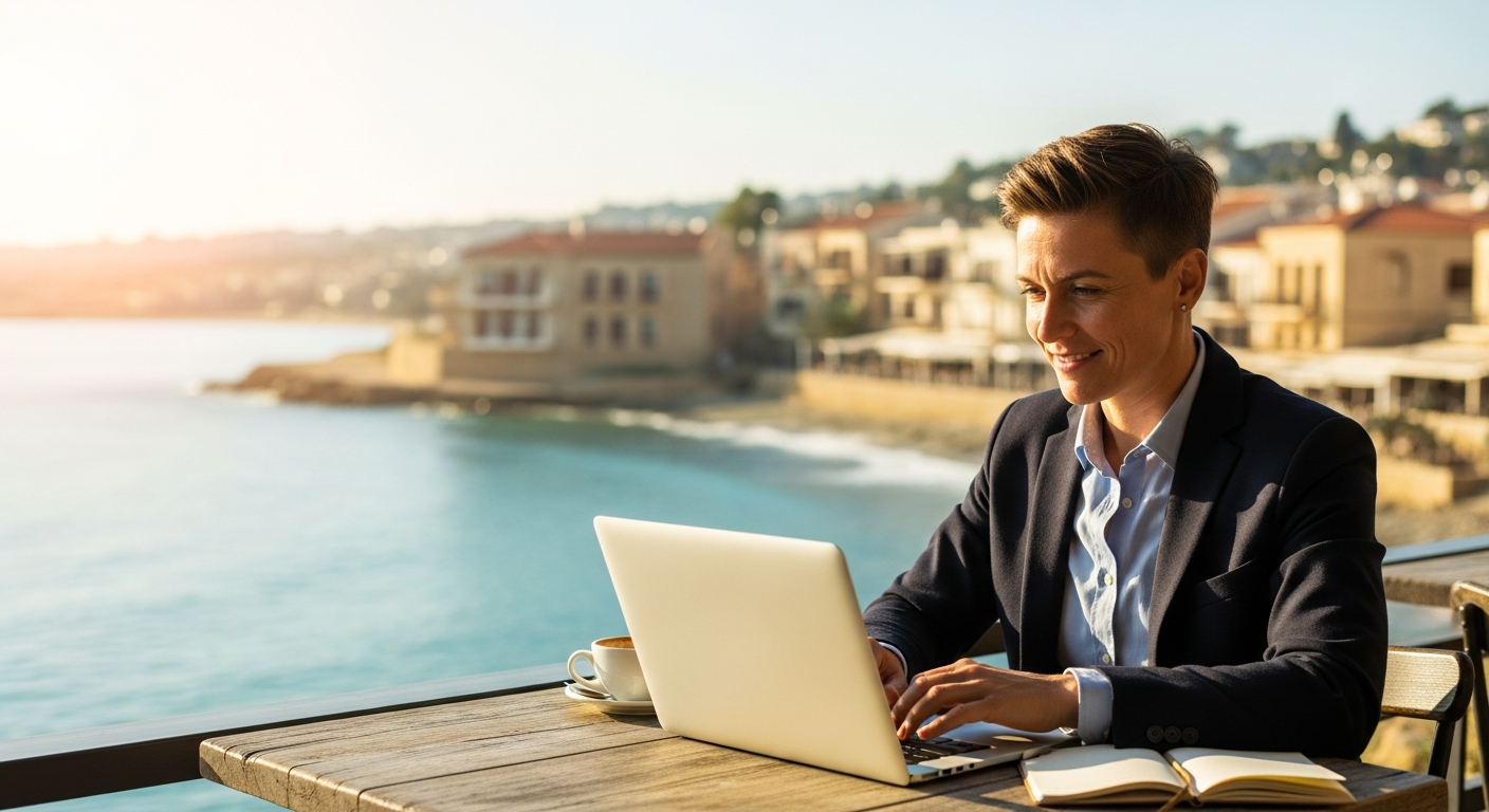 A British expat working on a laptop overlooking the Cyprus coast